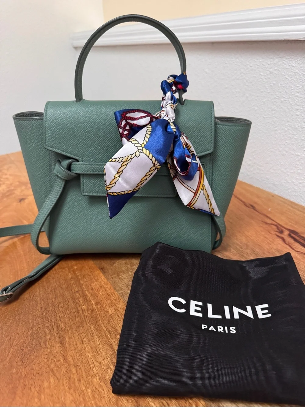 Celine Sage Green Leather Satchel with  Scarf Accent
